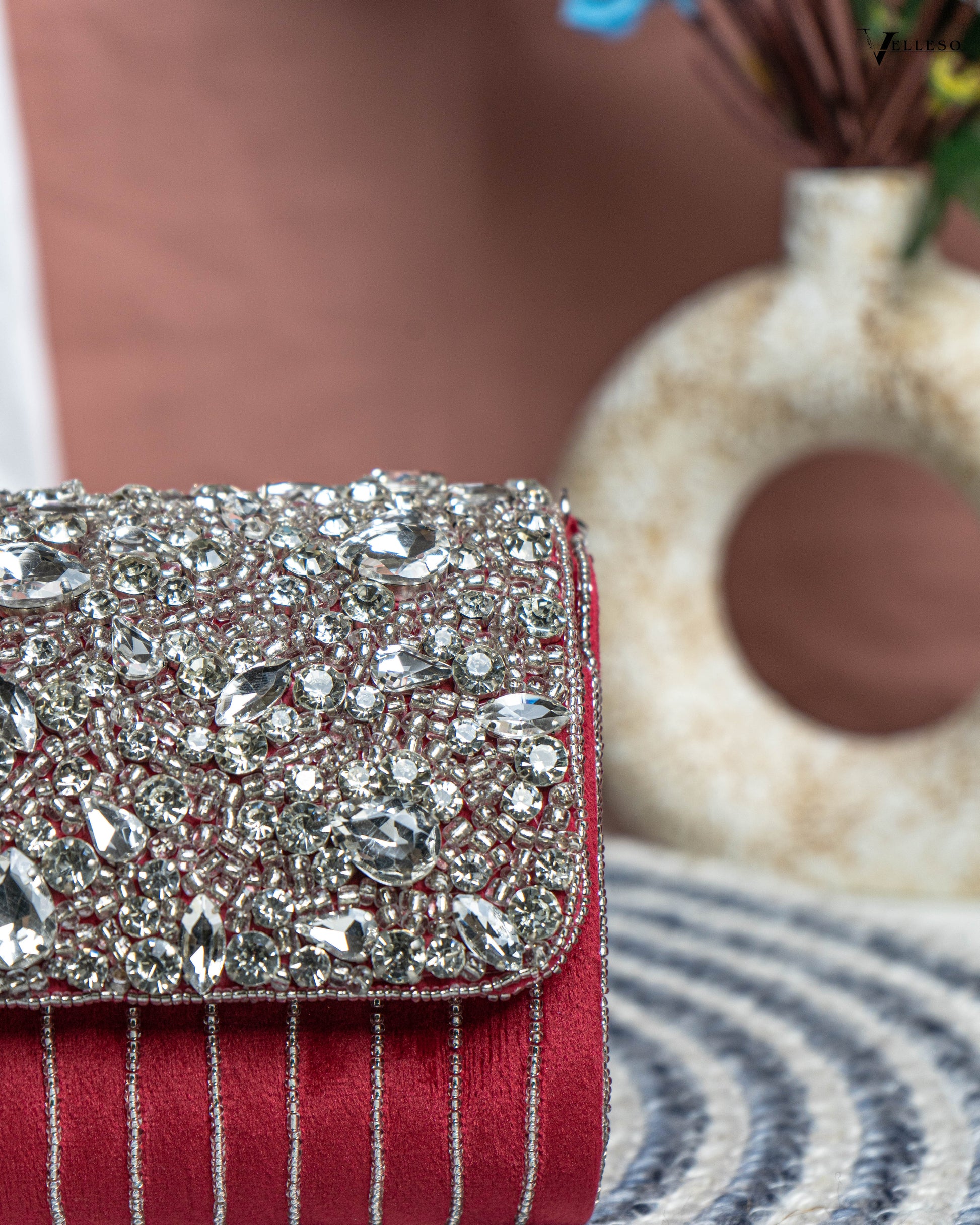 Velleso Red Avara Crystal Embellished Flap Over Bag