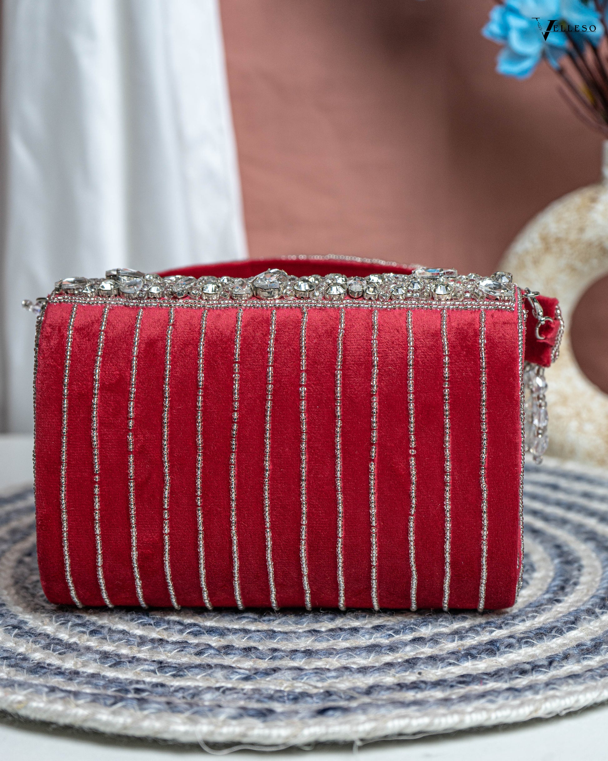 Velleso Red Avara Crystal Embellished Flap Over Bag