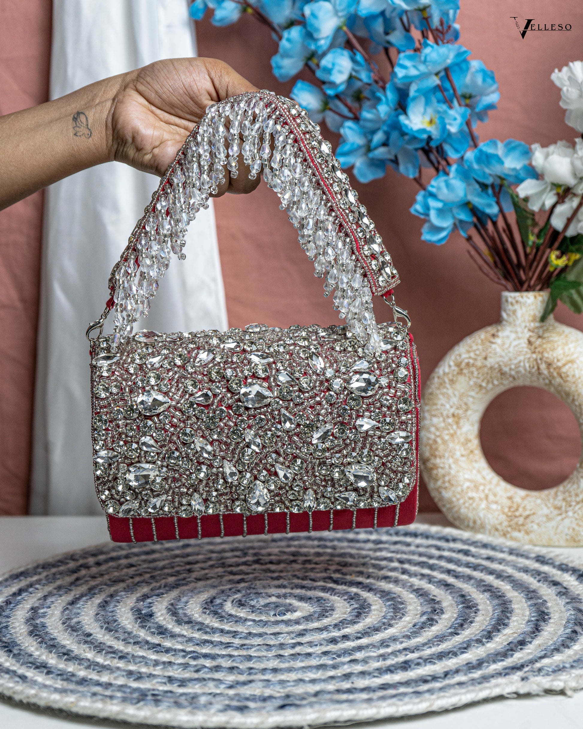 Velleso Red Avara Crystal Embellished Flap Over Bag