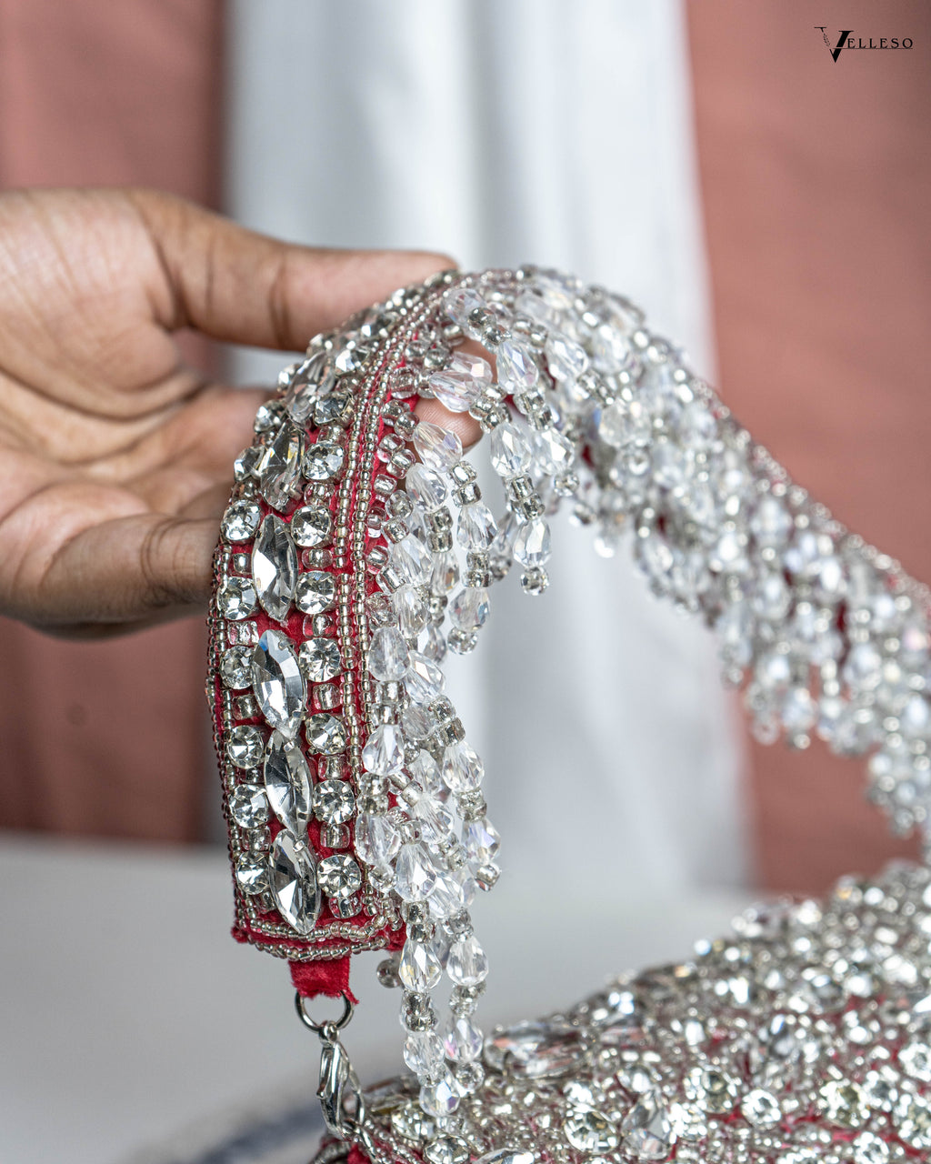 Velleso Red Avara Crystal Embellished Flap Over Bag