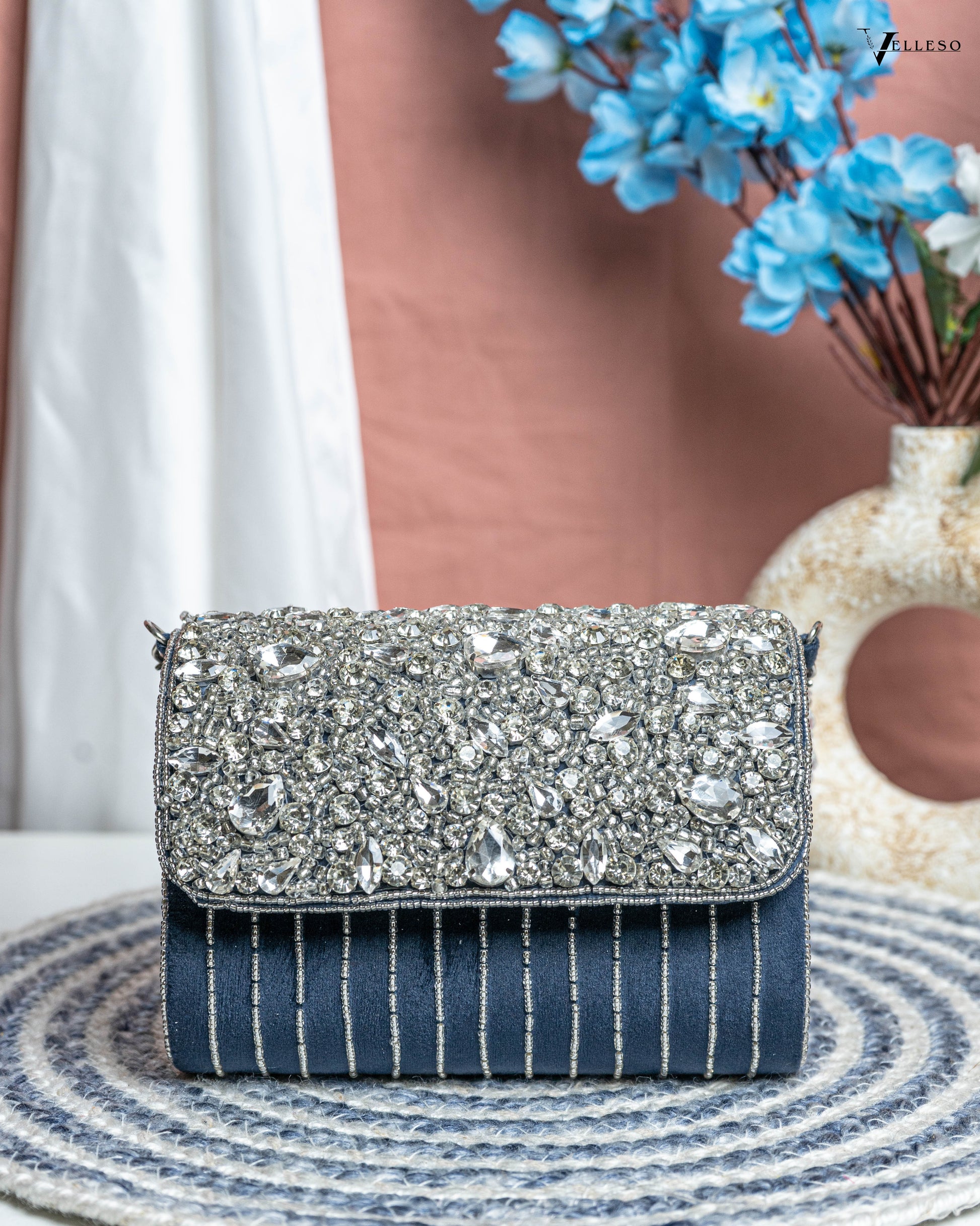 Velleso Blue Avara Crystal Embellished Flap Over Bag