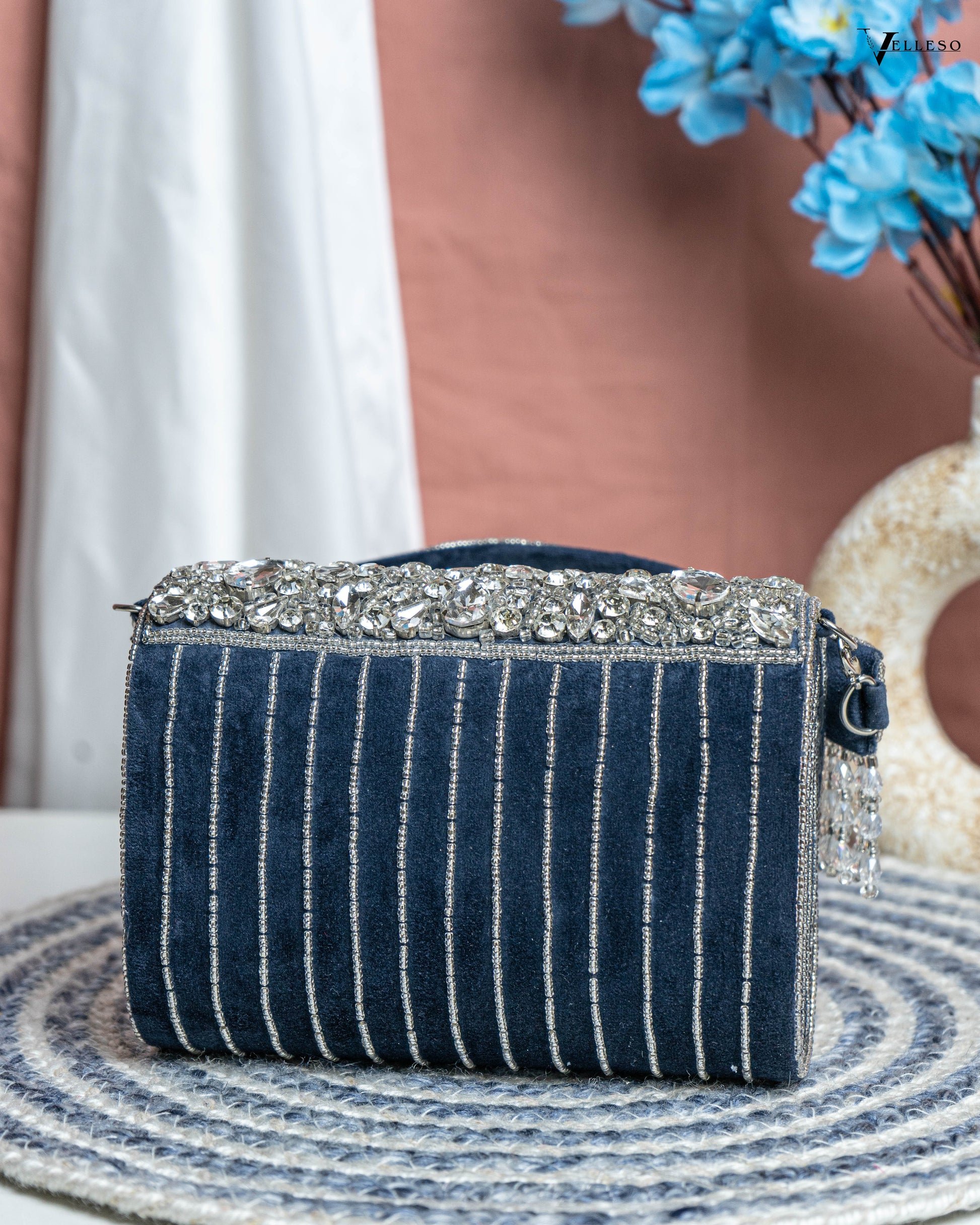 Velleso Blue Avara Crystal Embellished Flap Over Bag