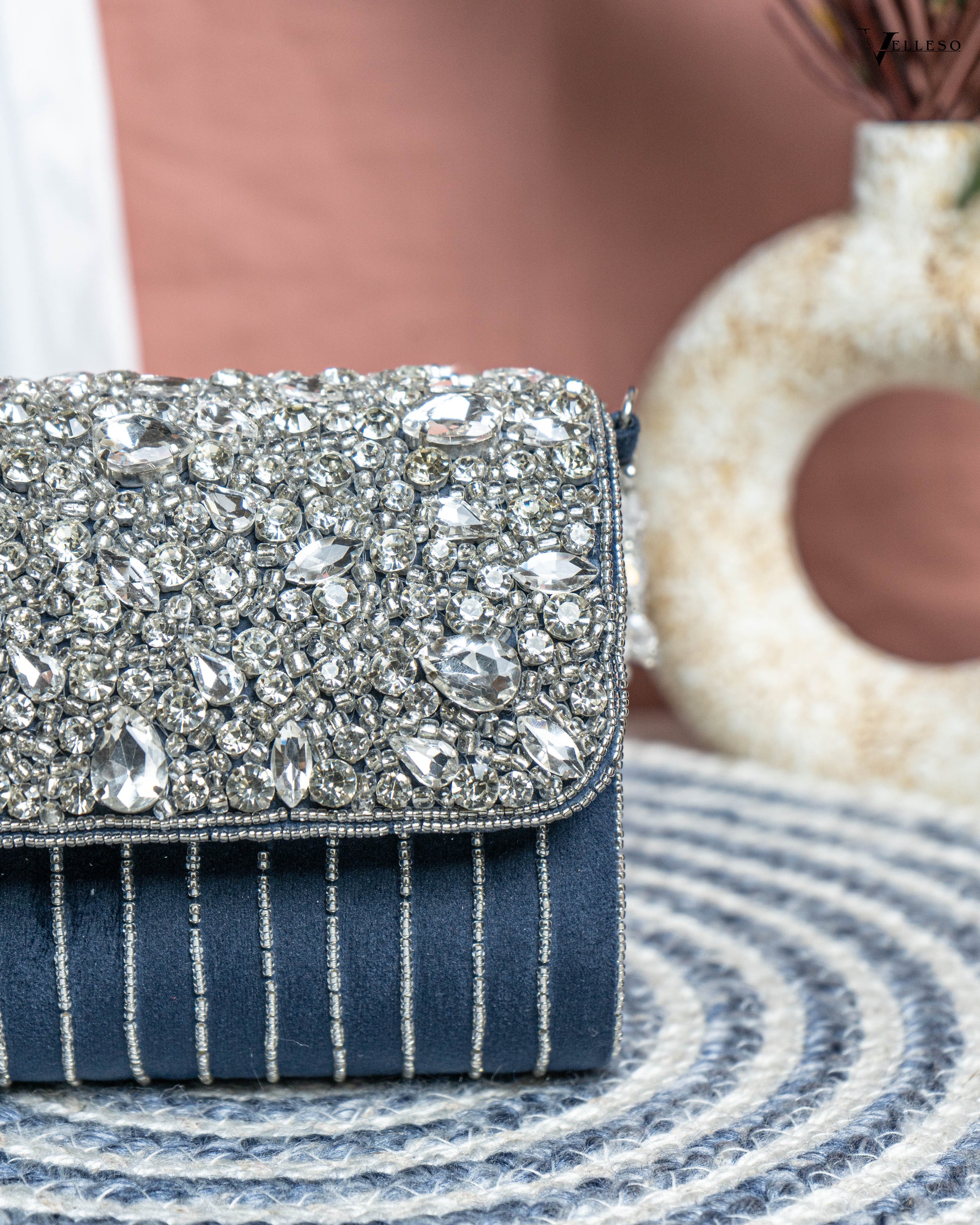 Velleso Blue Avara Crystal Embellished Flap Over Bag