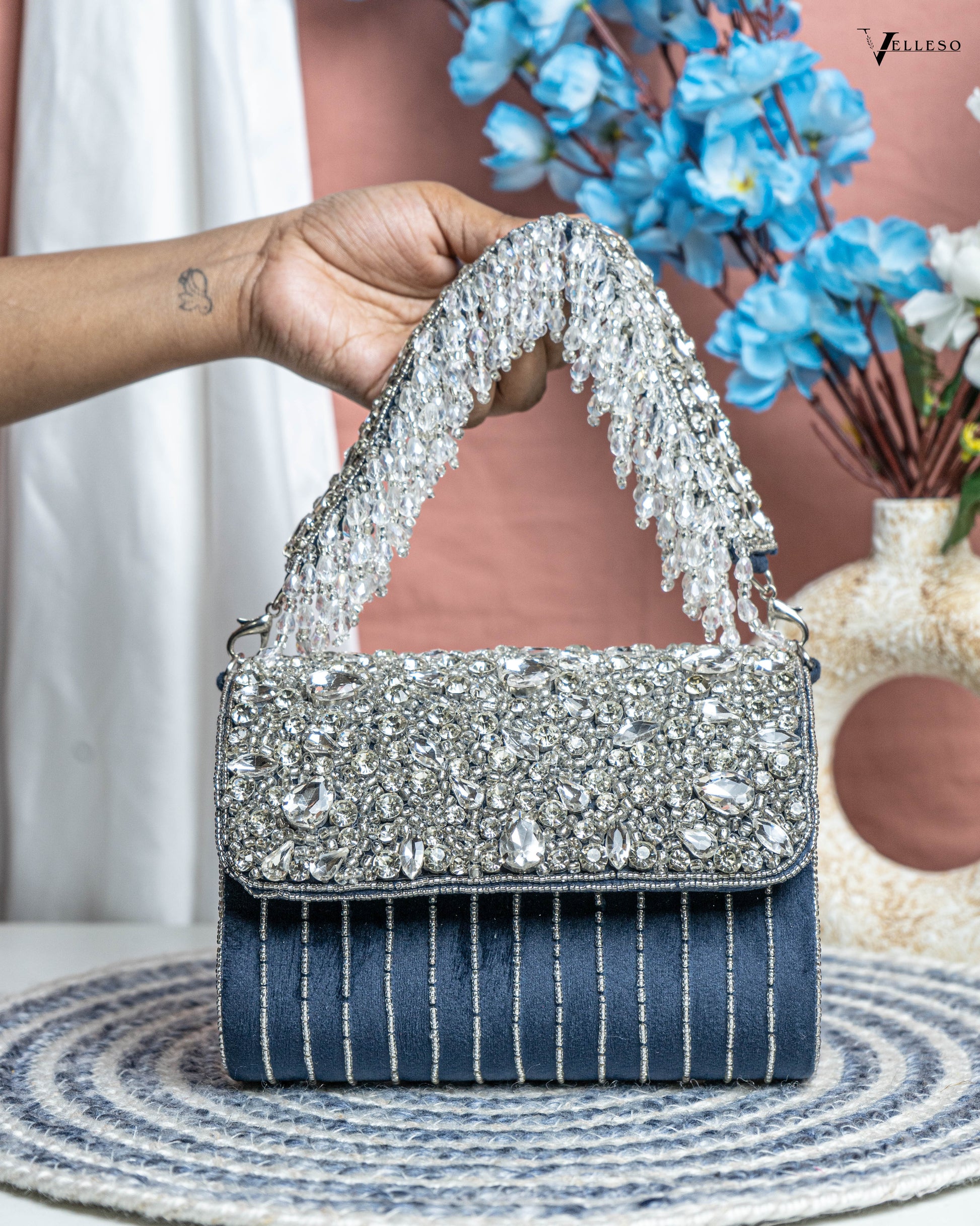 Velleso Beige Avara Crystal Embellished Flap Over Bag