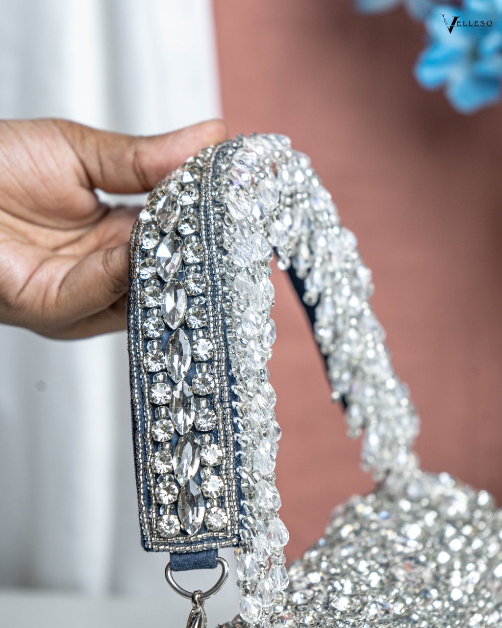 Velleso Blue Avara Crystal Embellished Flap Over Bag