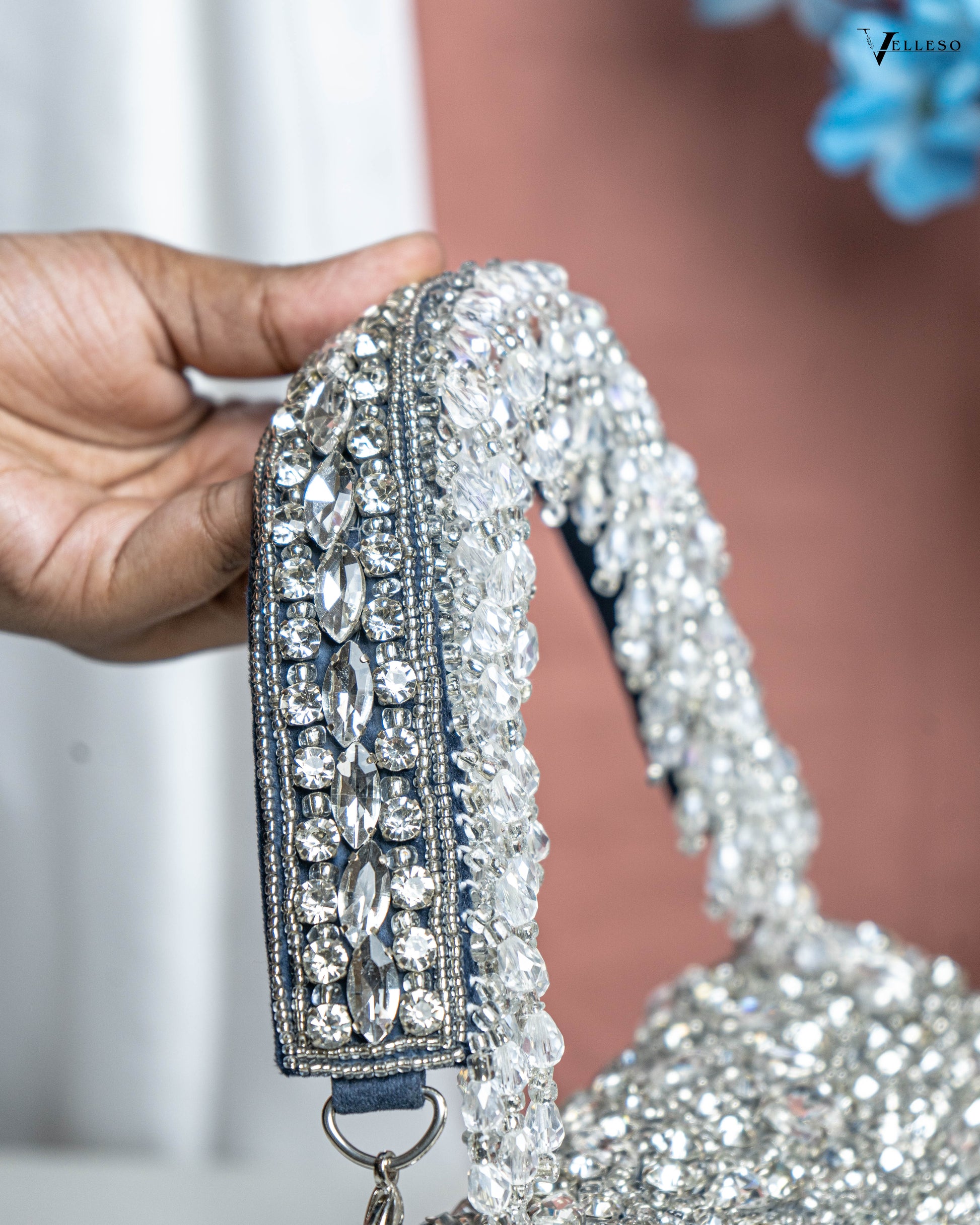 Velleso Blue Avara Crystal Embellished Flap Over Bag