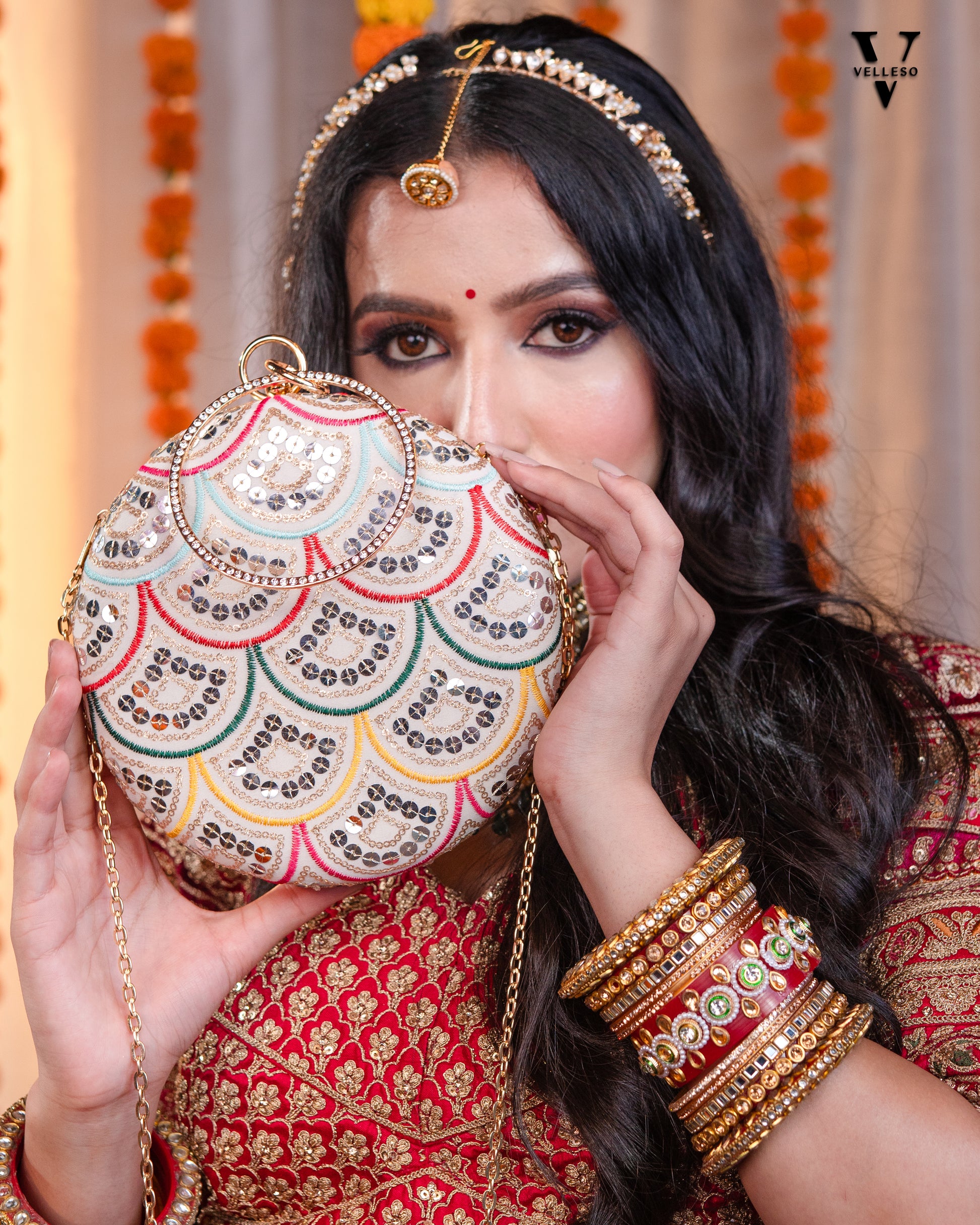 Noorani Round Embroidered Mirror Clutch with Bangle Handle