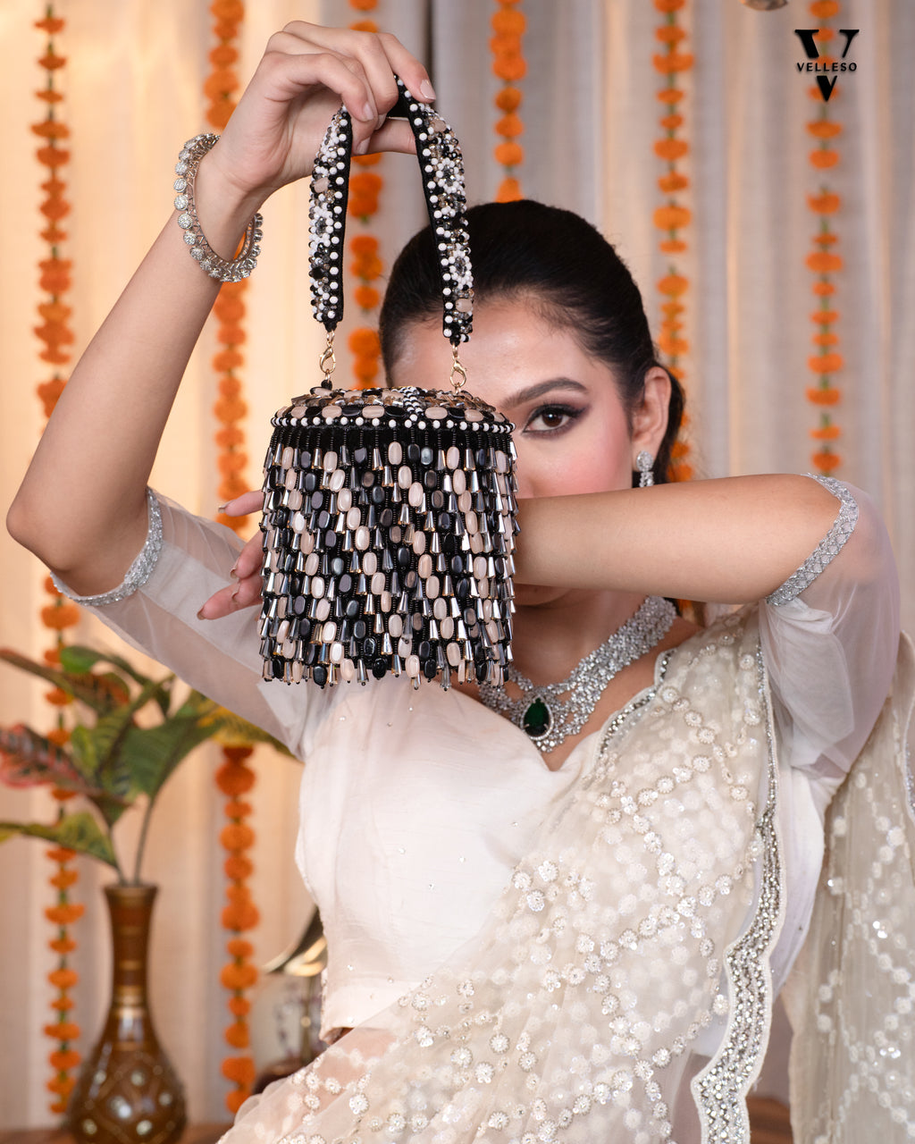 Ameira Black & Ivory Beaded Box Bag