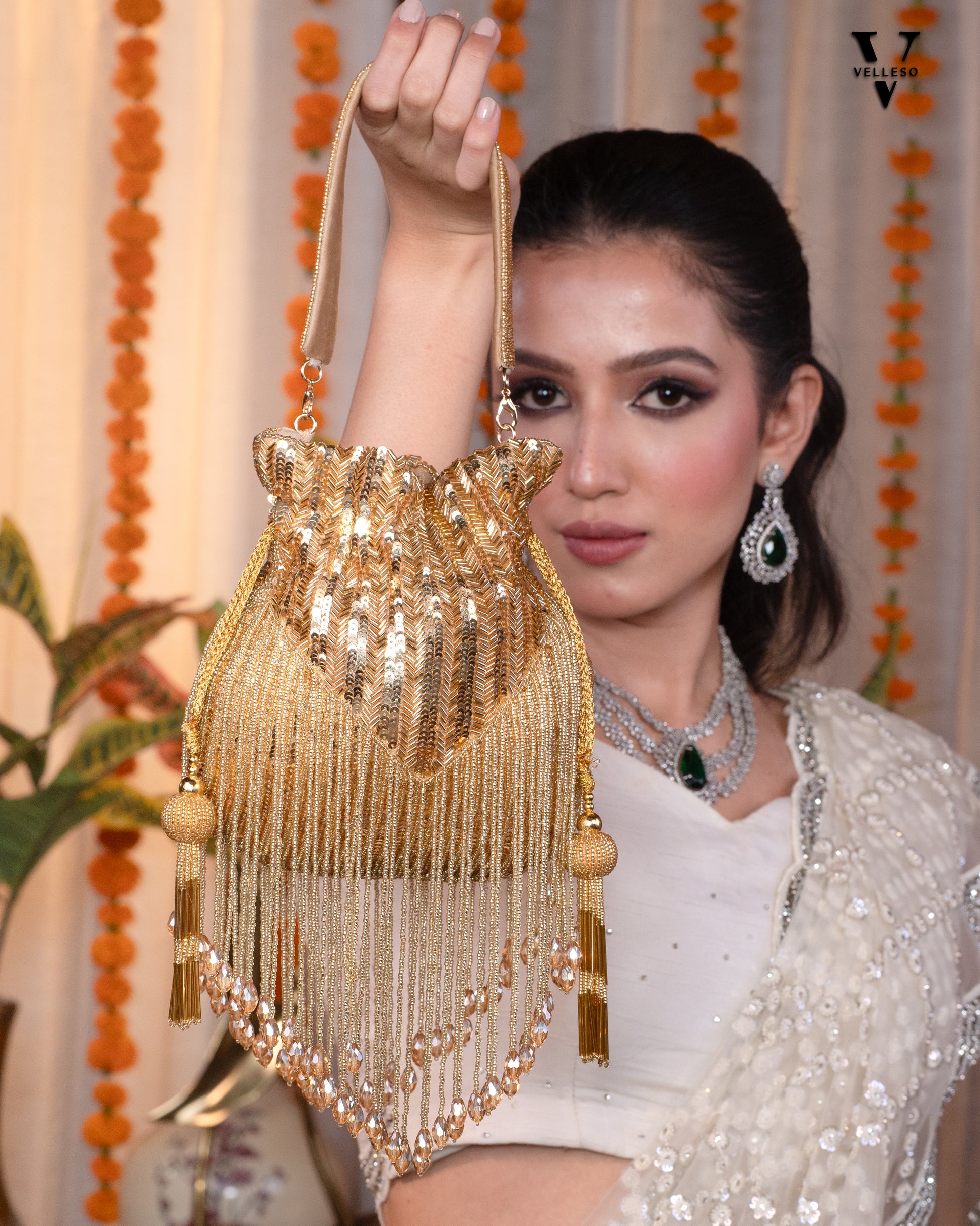 Sitara Gold Fringe Potli – Hand-Beaded Party Bag with Crystal Tassels