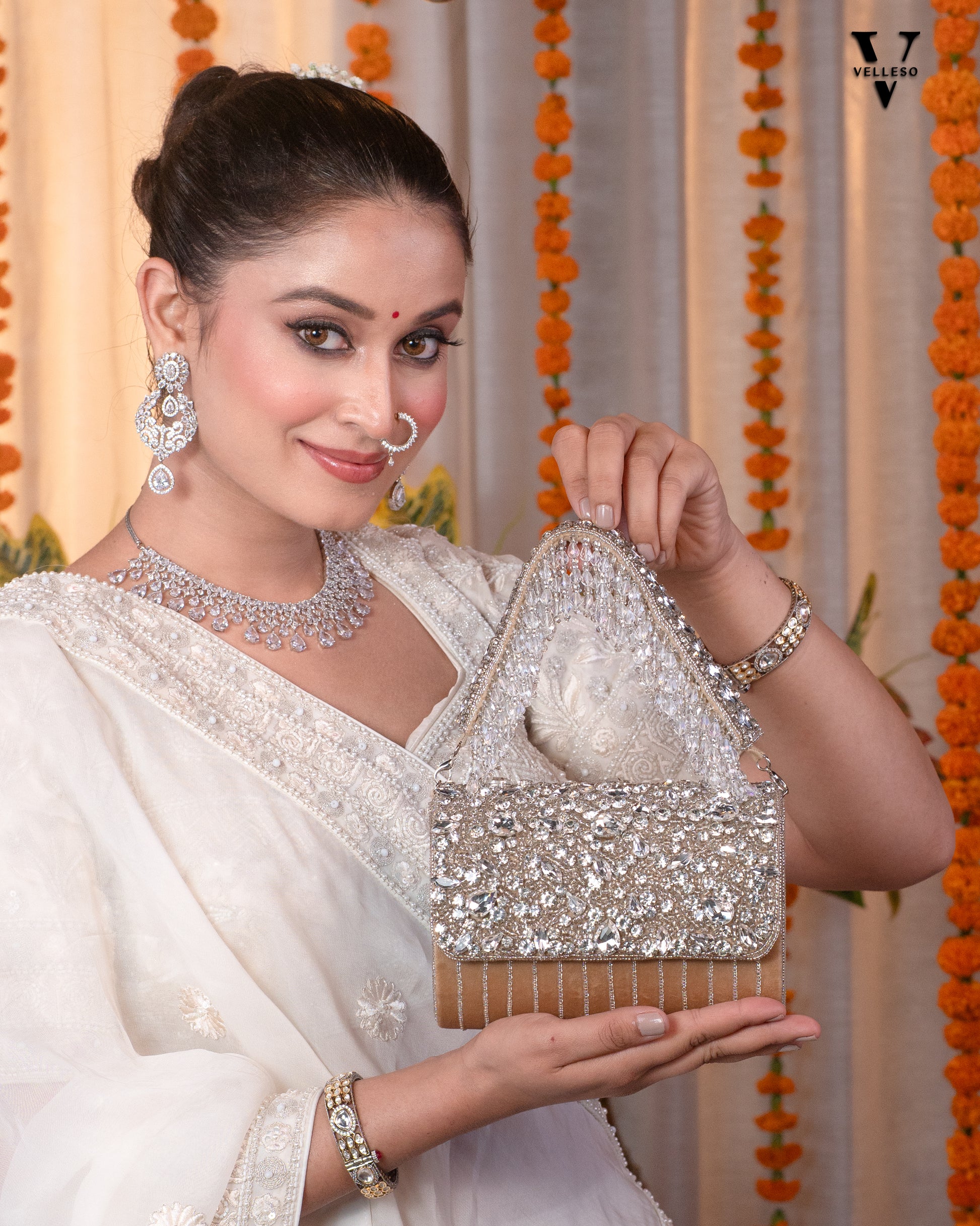 Velleso Beige Avara Crystal Embellished Flap Over Bag