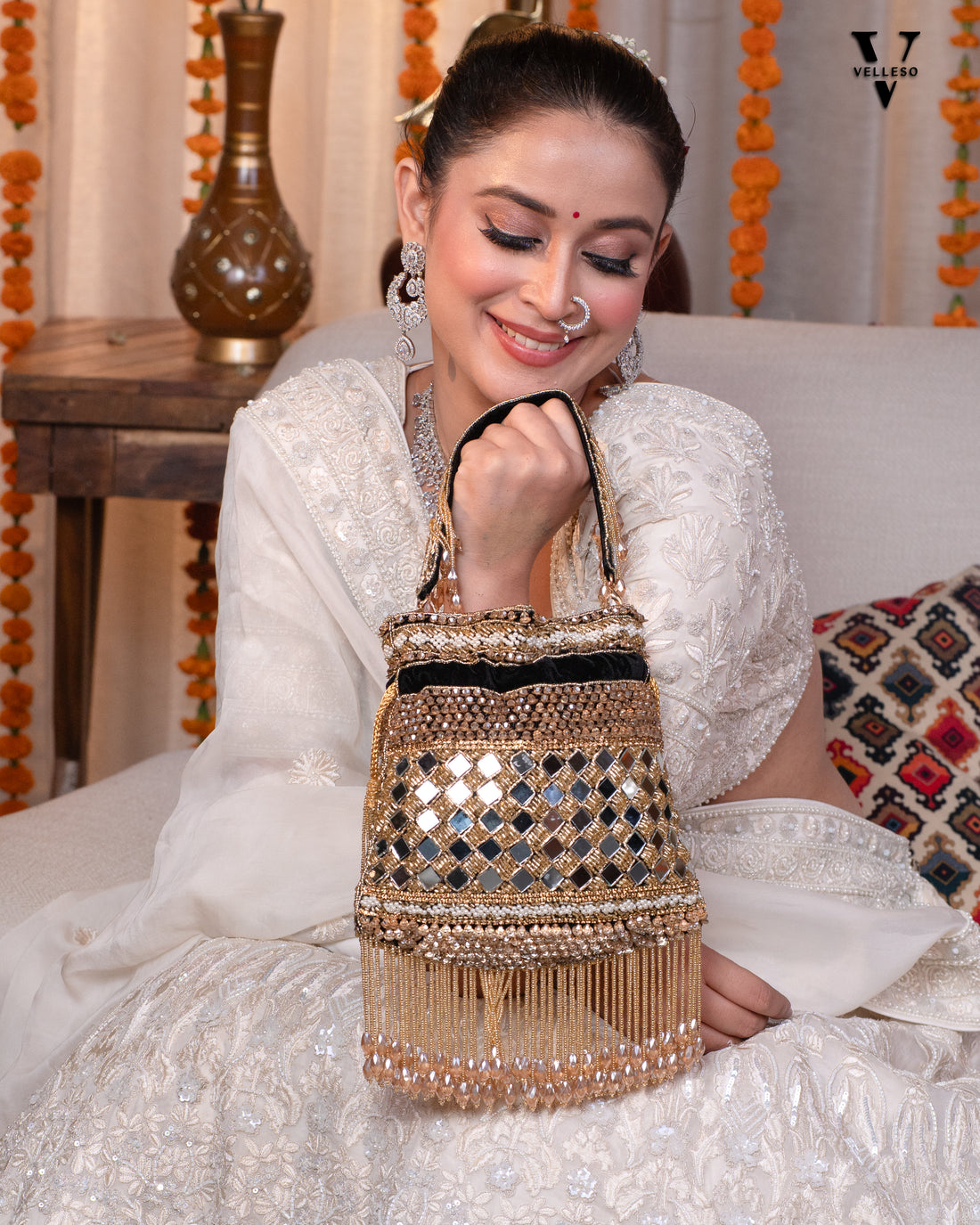 Zehra Mirror Embellished Fringe Potli Bag
