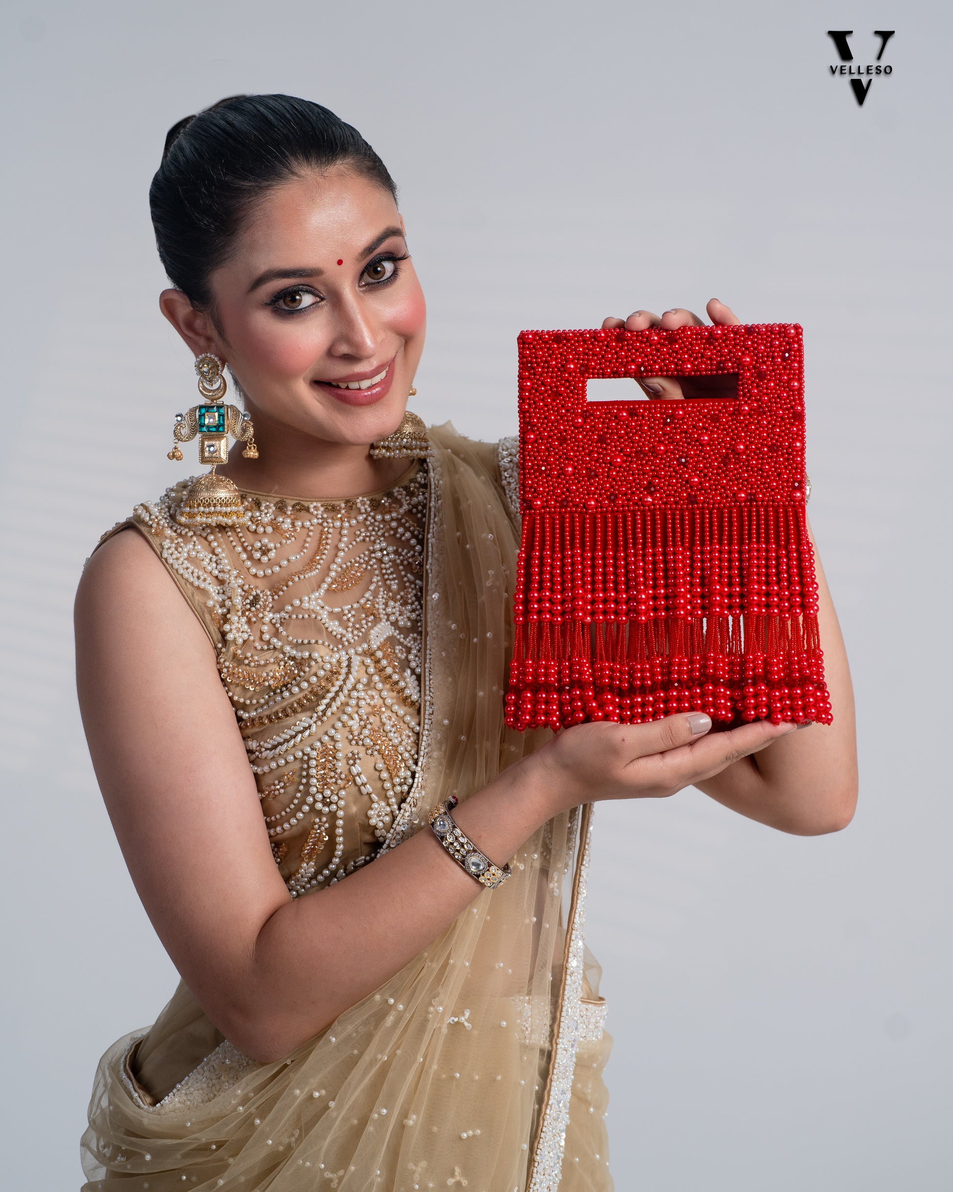 Noor Jahan Regal Crimson Beaded Fringe Clutch