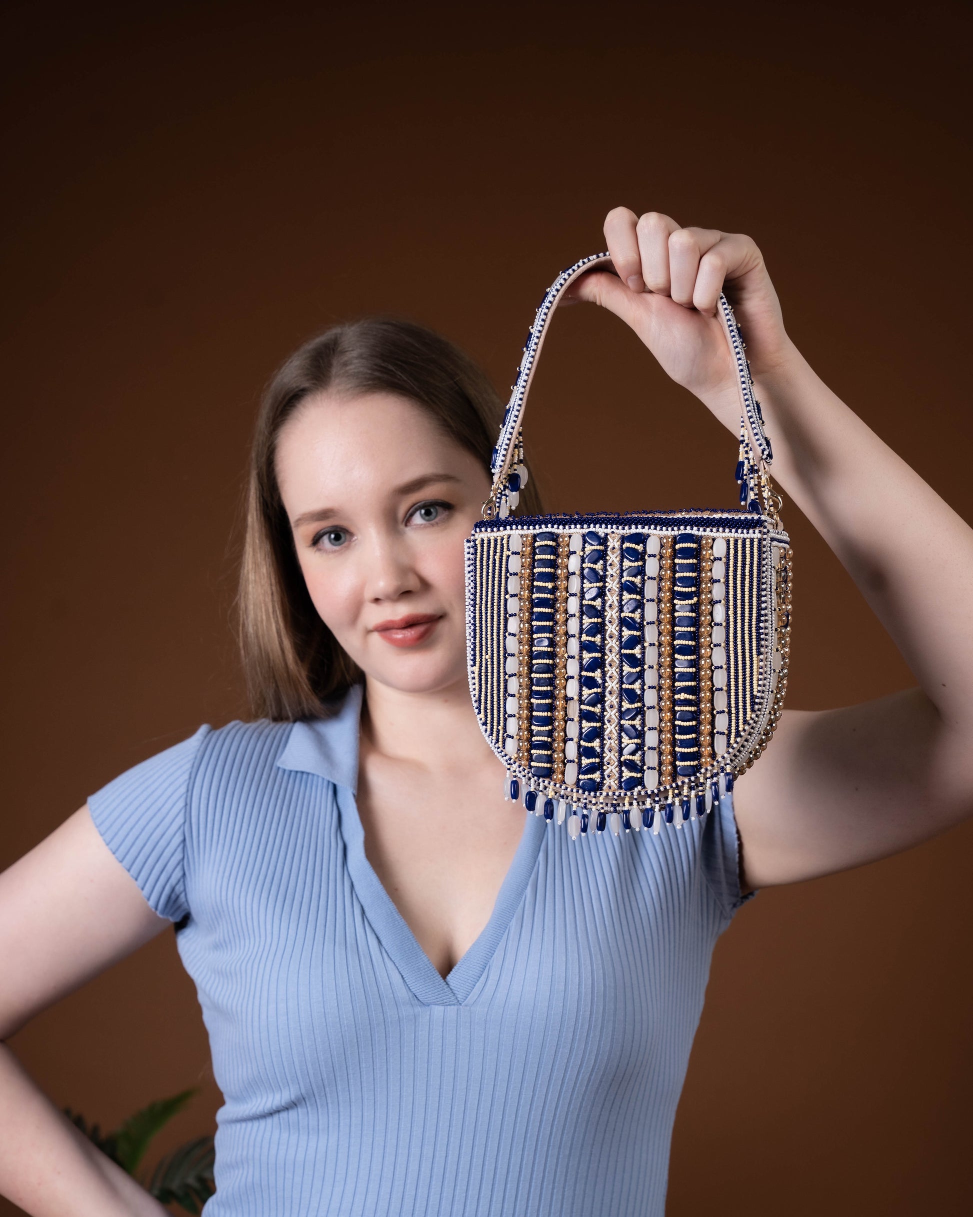Aurela Blue & Gold Beaded Crescent Clutch