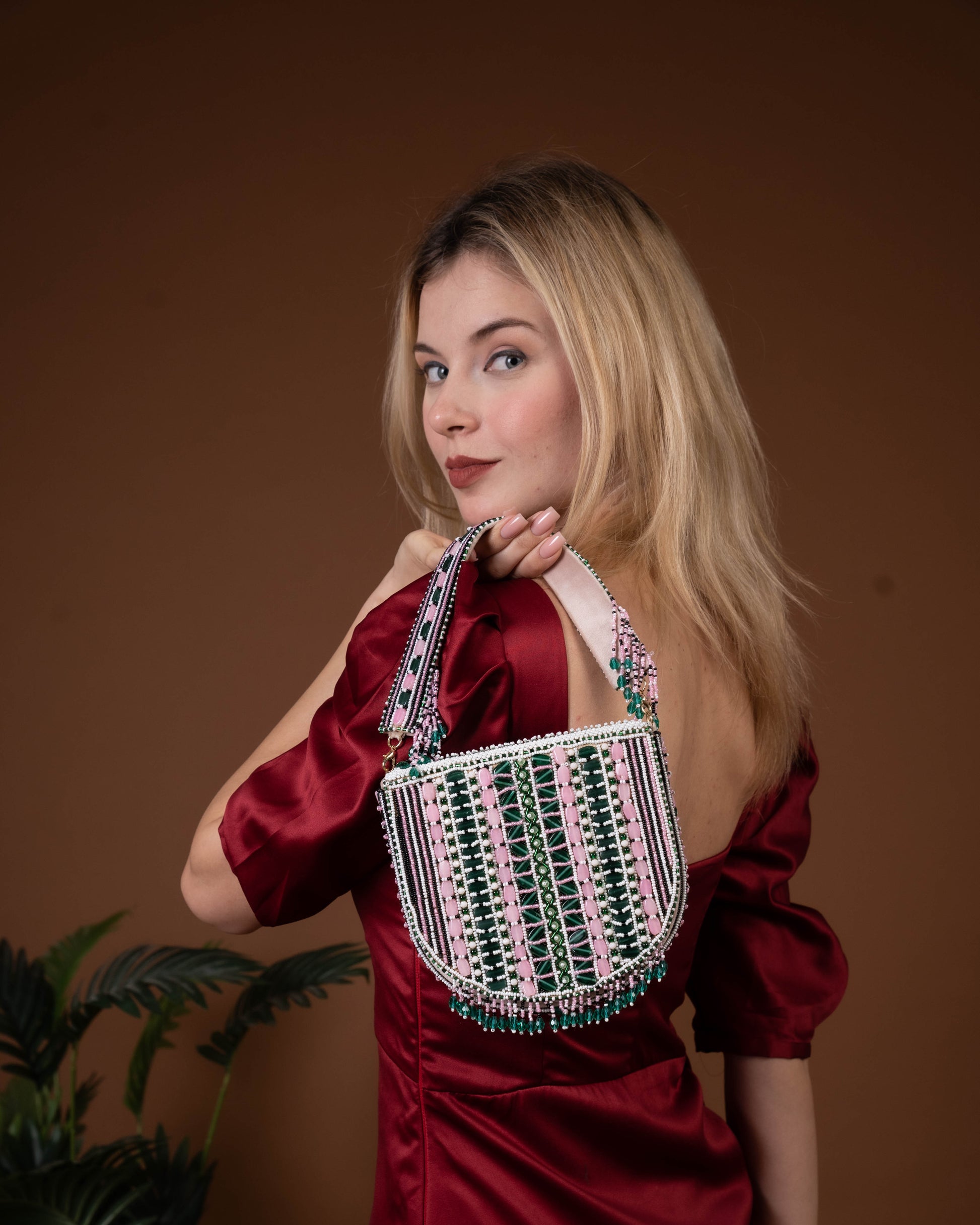 Aurela pink and green Beaded Crescent Clutch