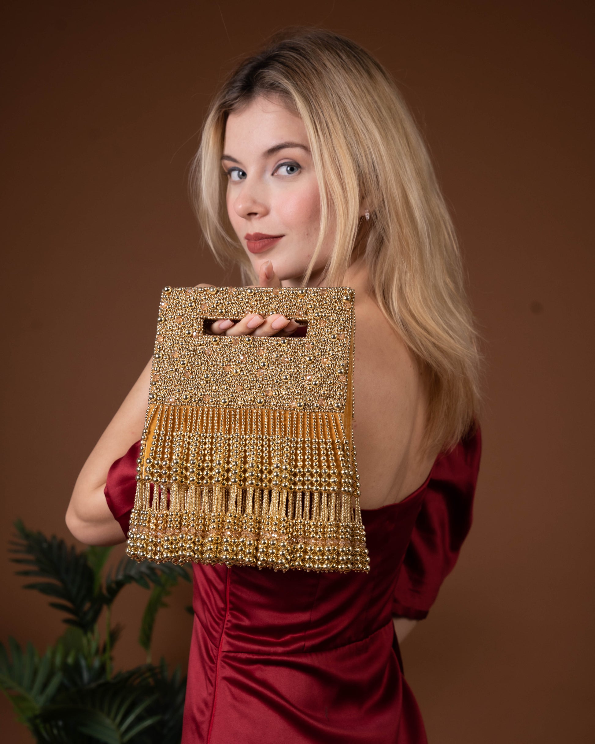 Noor Jahan Regal Crimson Beaded Fringe Clutch