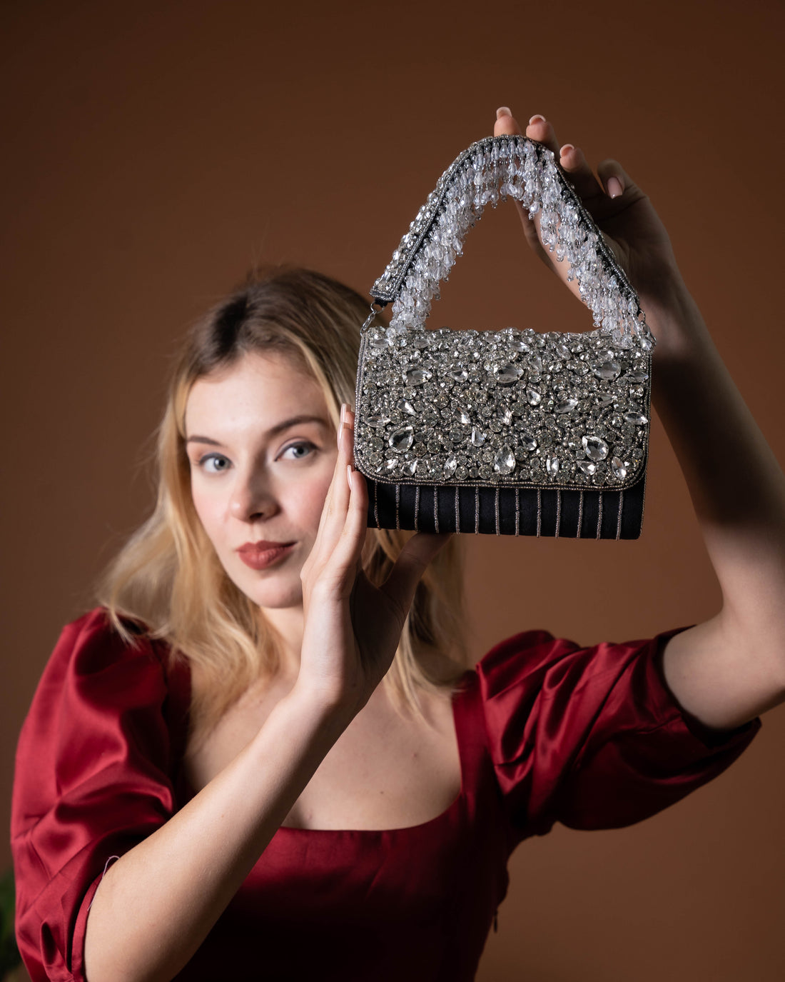 Velleso Black Avara Crystal Embellished Flap Over Bag