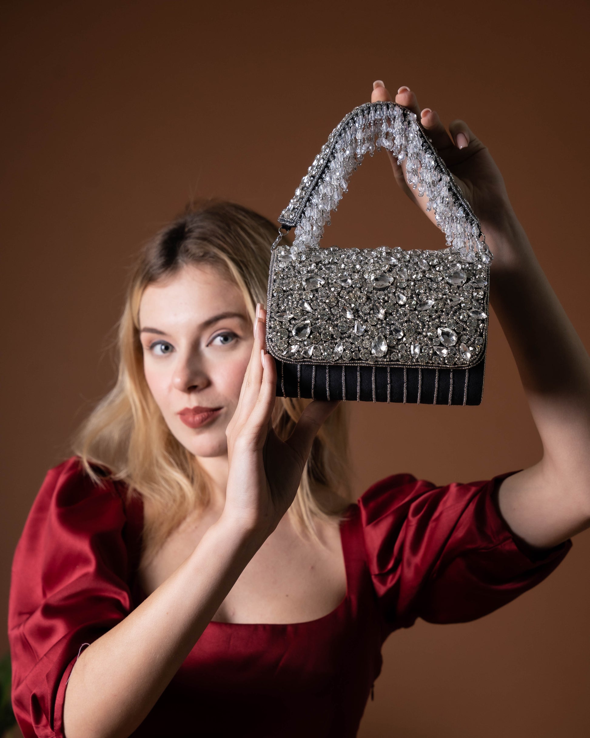 Velleso Black Avara Crystal Embellished Flap Over Bag