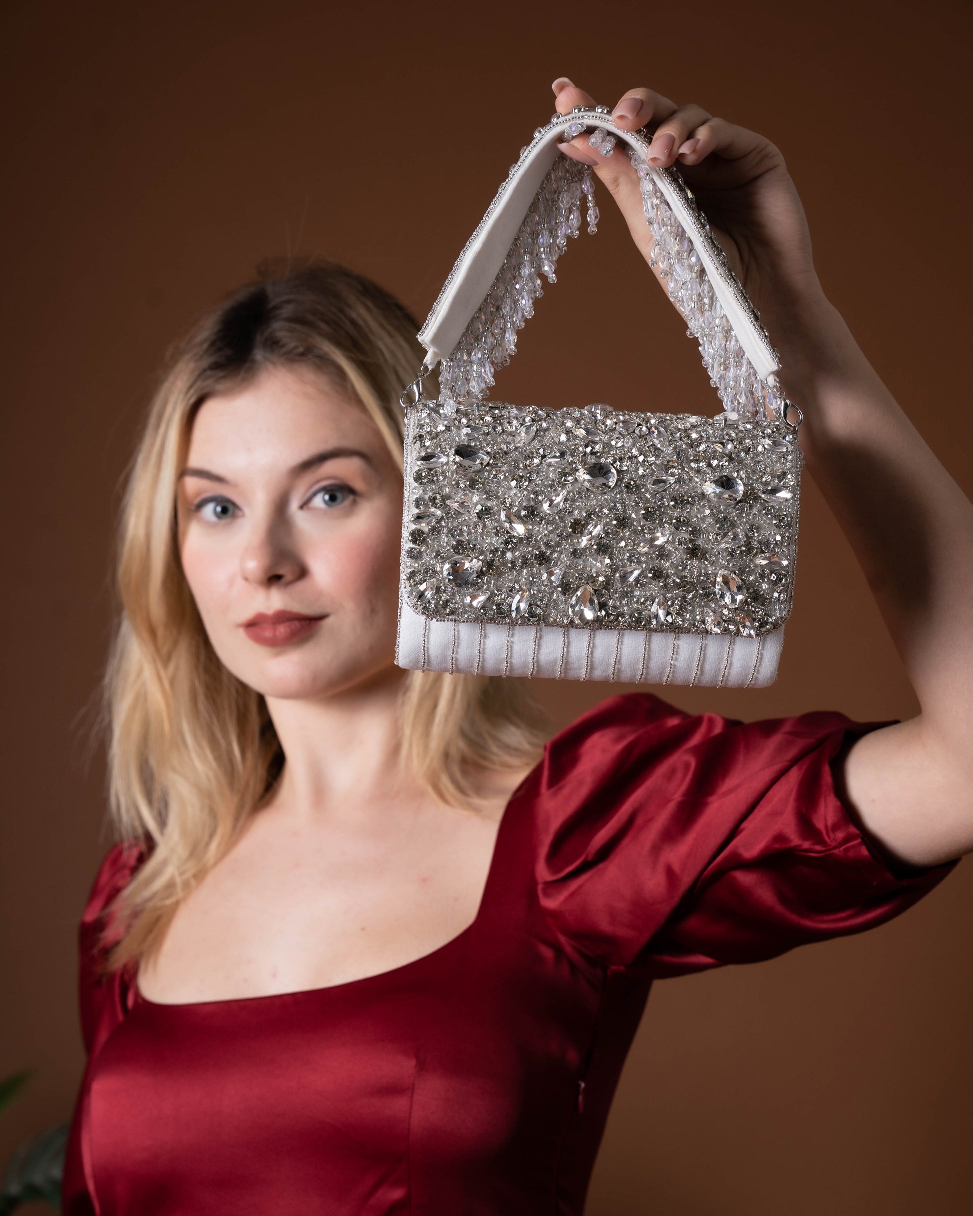 Velleso White Avara Crystal Embellished Flap Over Bag