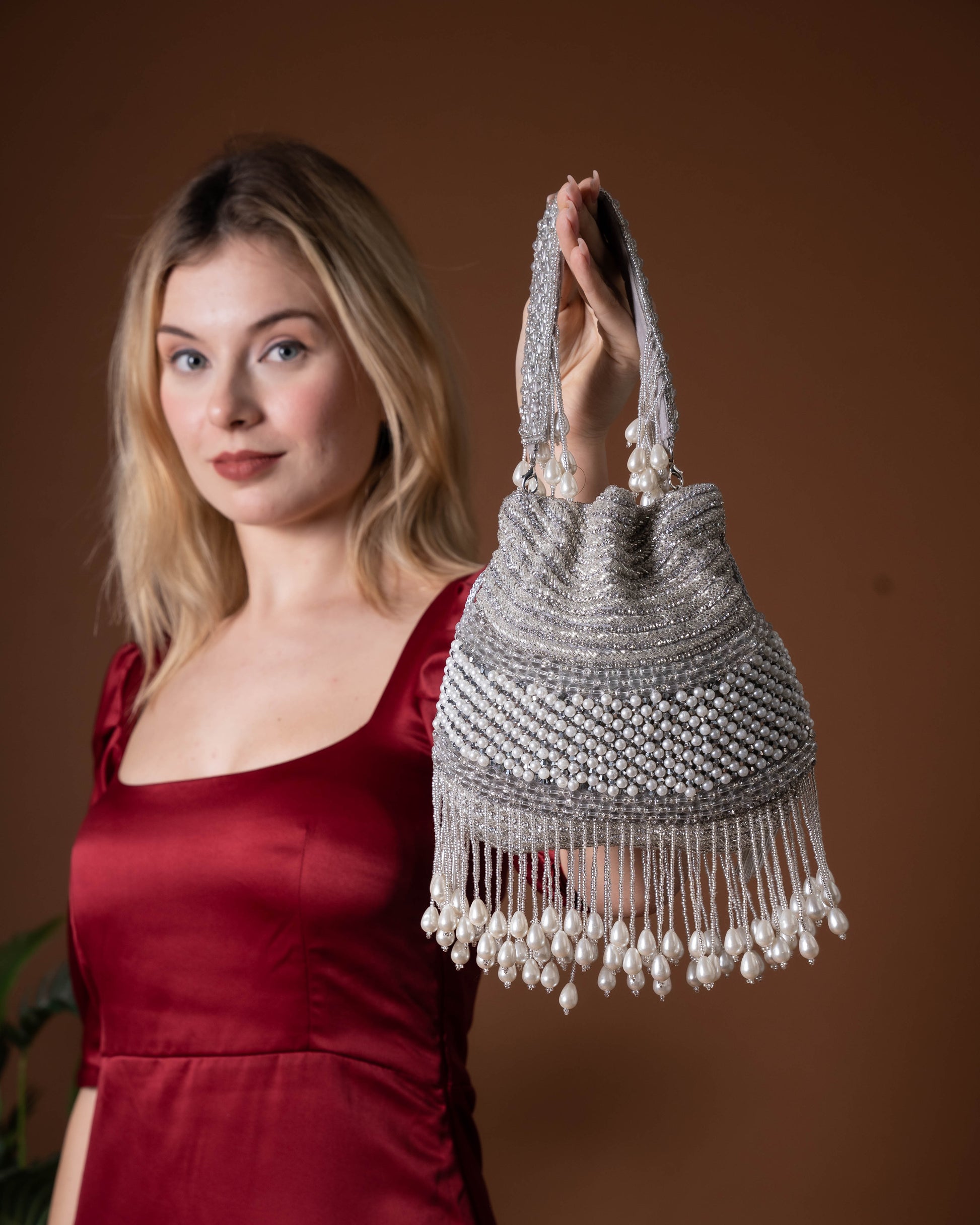 Seraphina Gleam Potli – Silver Pearl Drop Embellished Bag